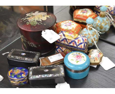 Snuff boxes (inlaid paper mache) a French cerulean blue glass with applied gilt decoration perfume bottle, French 'pill' and 