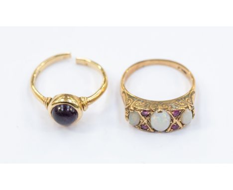 An Edwardian yellow metal opal and ruby ladies dress ring, size M together with a 9ct gold amethyst set ring a/f. combined to