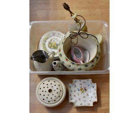 An early 20th Century rose bowl, a pair of vases, water jug, lamp and planter