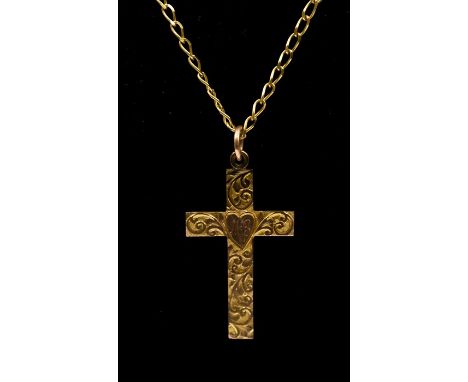 A 9ct gold cross, engraved pattern and initials along with chain, total gross weight approx 5 grams