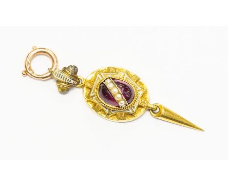 A Victorian garnet, enamel and seed pearl pendant, comprising a centrally set cabochon garnet with overlaid pearl decoration,