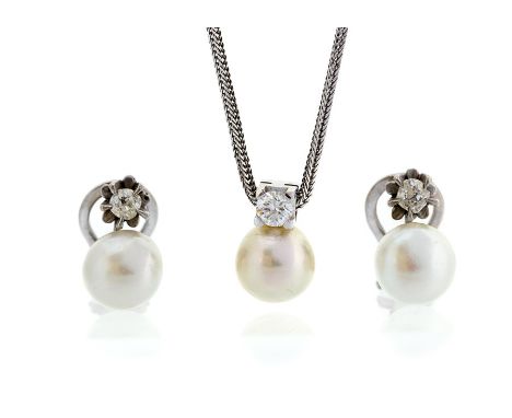 A pearl and diamond set 18ct white gold pendant and earrings suite, comprising a single cultured cream pearl approx. 8.3mm, t