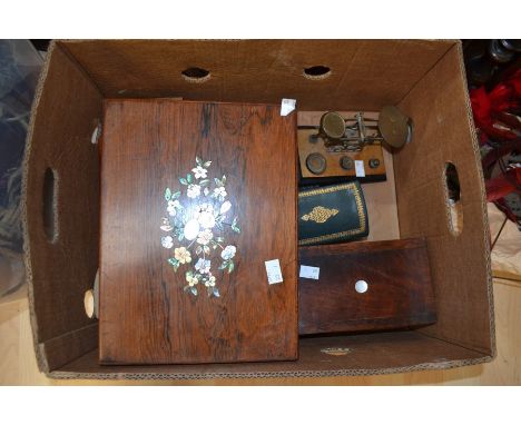 19th Century inlaid sewing box, tea caddy and other small jewellery boxes along with a set of Victorian postal scales