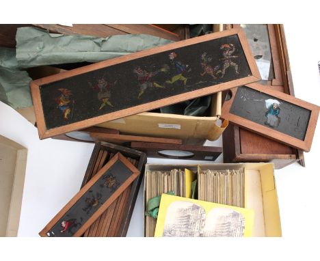 19th Century painted magic lantern shade, many Oriental together with stereoscope slides (3 boxes and 3 loose)