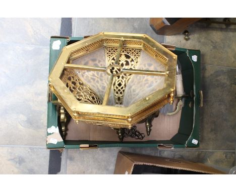 Four 20th Century brass two armed wall lights, along with an Islamic ceiling light shade