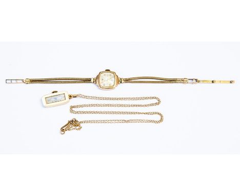 An 18ct gold Art Deco pendant watch, with rectangular case, Arabic numerals, on unmarked yellow metal chain, combined total g