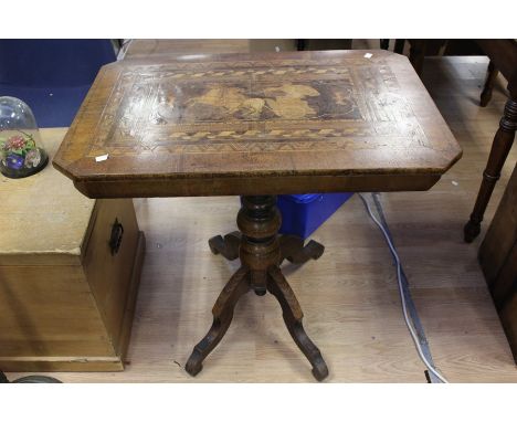 A 19th Century style mahogany and parquetry inlay type card tea table, rectangular top, turned column on a quad form raised o