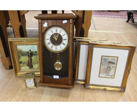 Wall clock, four prints and battery brass carriage clock