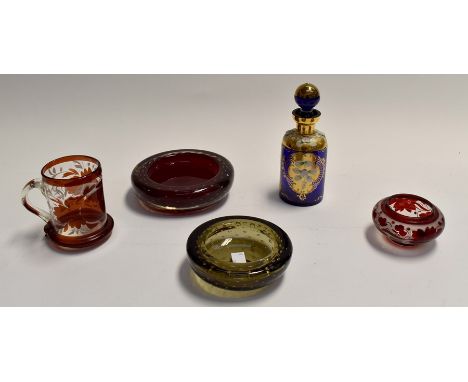 Two Whitefriars ocassional bowls, a Venentian blue ground and enamel glass decanter together with two French 19th Century pai