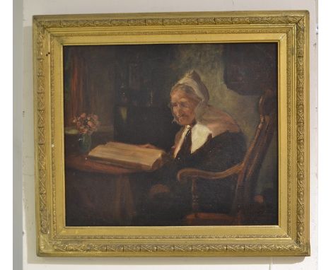 Fisher, Joseph: A framed, 19th Century, oil on canvas, portrait of an elderly lady reading, signed to lower left, within gilt
