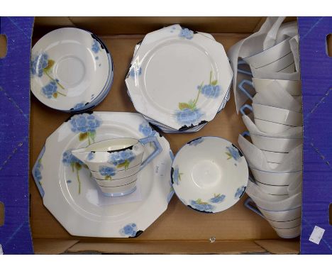 1920's/1930's Art Deco tea set by Royal Paragon comprising a set of six cups and saucers, sugar bowl, milk jug, six small san