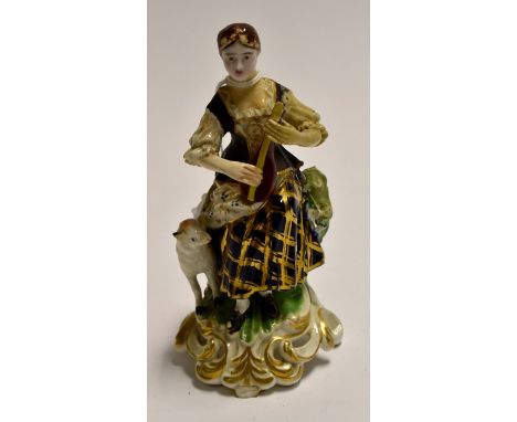 An 18th Century, Derby figurine, depicting a shepherdess playing a musical instrument, height approx. 14cm.&nbsp;An Adderleys