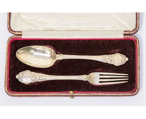 Victorian silver spoon and fork set, Birmingham 1891 in velvet and Moroccan leather case, approx 70.2gms