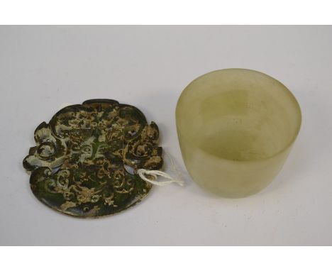 A Chinese Bi Moss Jade carved Pendant approx 70mm and a small 47mm in height Jade bowl, width 47mm. (2)