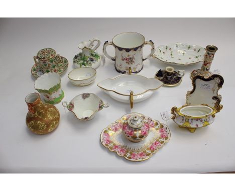 A collection of various early Derby, Crown Derby and Royal Crown Derby porcelain, including ink stand, jug with applied flora