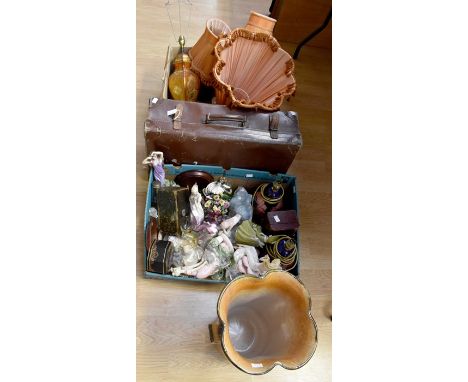 Collection of lamps, ceramic umbrella stand, lady figurines, glasses, boxes and suitcase (Q)