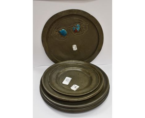&nbsp;Tuderic pewter and enamel plate plus a collection of ten pewter plates&nbsp;