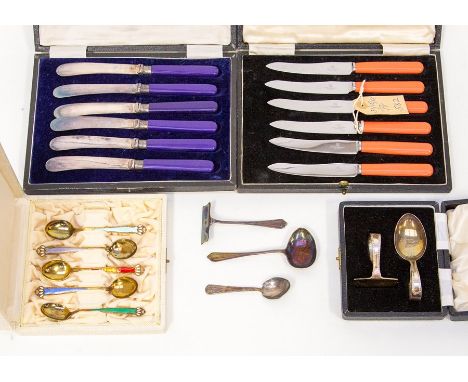 A child's silver spoon and pusher; another cased set; five cased silver and enamel Norwegian spoons, KM Baerulsen Juveler Osl