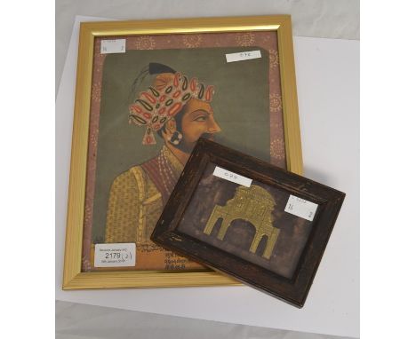 A small sized painting of an Indian Mogal, probably late 19th Century, together with Templebar Gate metal miniature picture i