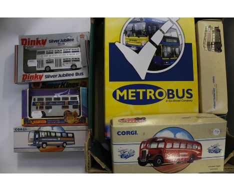 Diecast buses, including Corgi, Matchbox, Dinky, plus Metro bus set and Solent set (1 box)