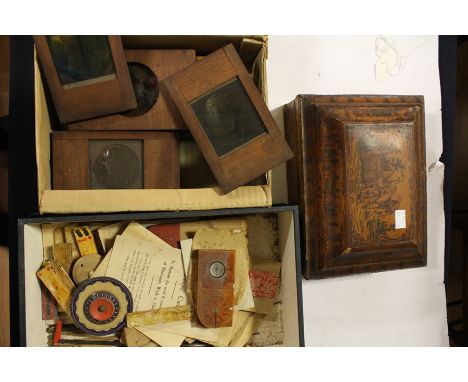 A box of Chinese curios to include a lacquered box and a box of magic lantern slides&nbsp;