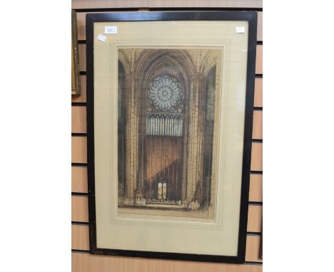 A collection of assorted prints depicting various scenes, including a cathedral interior, Stan Reddaway print, dated 2013, a 