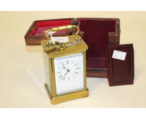 Edwardian brass carriage clock in case with key. Working.