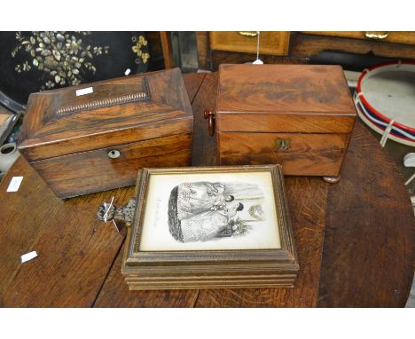 A flame mahogany tea caddy with key (two boxes within) together with an exotic wood tea caddy a/f, and a jewel box with lid '