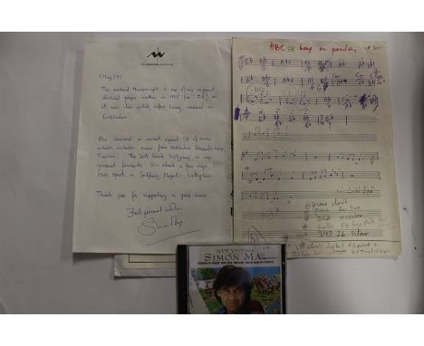One page of EastEnders' original theme tune manuscript / score by Simon May, with letter of authenticity, plus later signed C