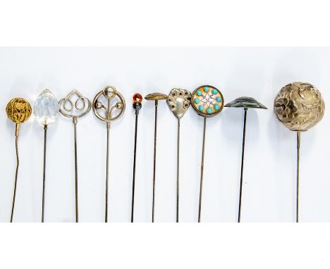 Hat pins- A collection of ten vintage hat pins to include a Charles Horner silver scroll top&nbsp;version, a Chinese cherry b