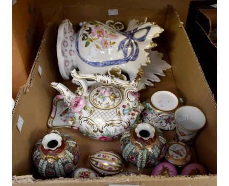 Limoges 19th or early 20th Century 'patch boxes' two with bee emblem, Coalbrookdale/Coalport teapot and strainer stand., a pa