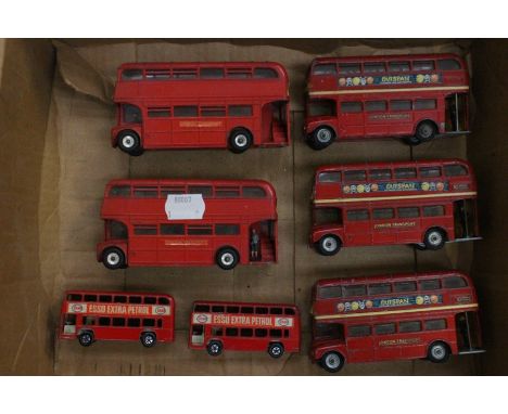 Dinky and Corgi diecast buses; three Corgi 468 Routemaster; two Dinky 289 Routemaster; two Matchbox 74 Daimler (7)