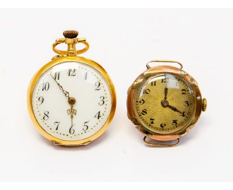 A continental ladies yellow metal cased fob watch, set to reverse with six small diamonds, enamel dial with Arabic numerals, 