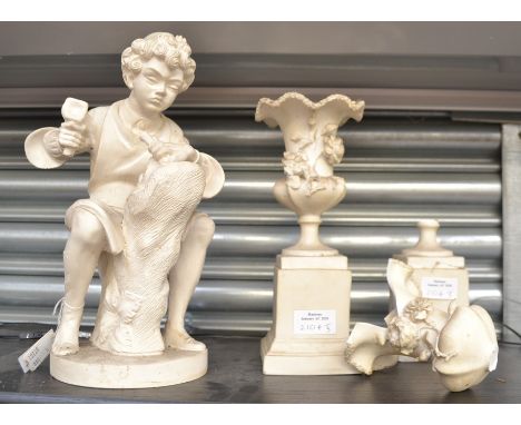 Early 20th Century plaster figure of a young stone mason along with a pair of mantel urns AF