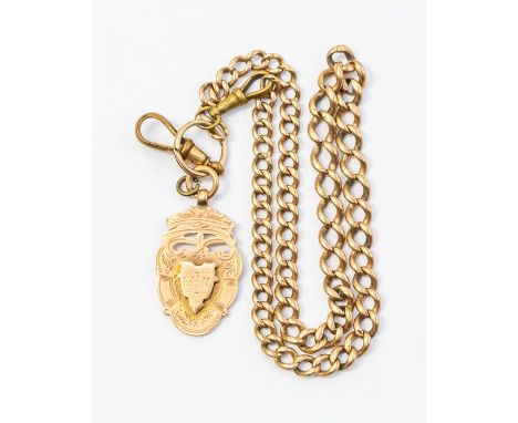 A 9ct rose gold Albert fob chain, along with a medallion, gilt metal fastenings, chain length approx. 7'', total gross weight