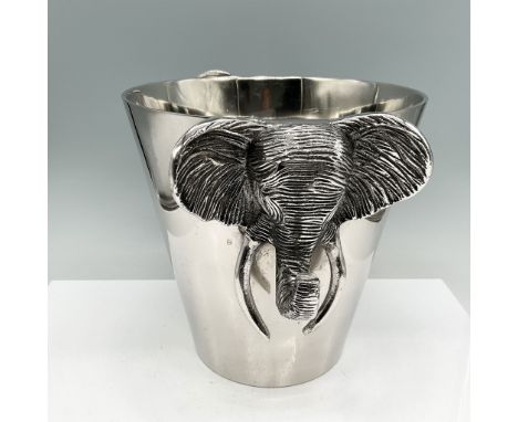 A stylish ice bucket from the Barware Collection, handcrafted in India. The bucket features an elegant silver-toned finish, h