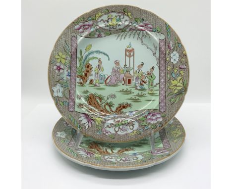Pair of Mason's Ironstone China plates in the Ashworth's Nanpo pattern, featuring finely detailed hand-painted scenes inspire