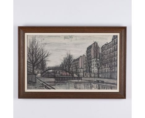 This framed lithograph is a depiction of an urban Parisian landscape, signed by Bernard Buffet, a renowned French expressioni
