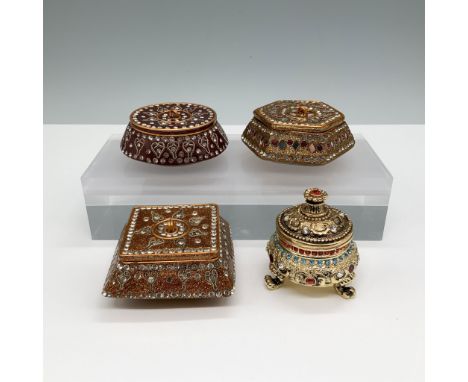 This lot features four beautifully designed trinket boxes, each showcasing intricate gemstone embellishments set in golden fr