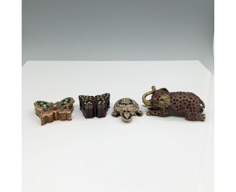 This lot features four beautiful enamel and crystal animal trinket boxes, including two butterfly designs, a turtle, and an e