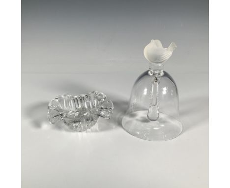 An lovely set featuring a crystal bell with a teardrop-shaped clapper and a frosted sparrow handle, accompanied by a small cu