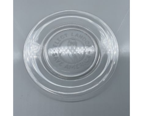A clear glass political plate featuring the embossed portrait and campaign slogan "Elect Landon Save America," commemorating 
