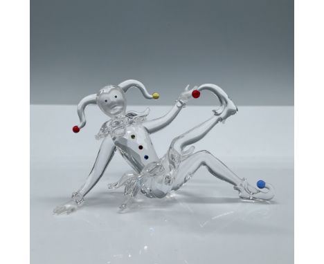 Part of the 'Fairy Tales' theme. A clear jester with frosted hands and face. Adorned with red, blue, and yellow crystal balls