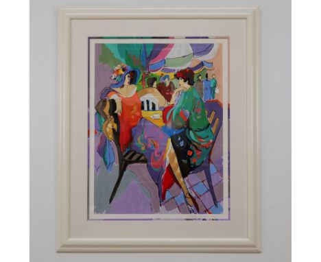 Vivid and colorful serigraph by renowned Israeli artist Isaac Maimon, depicting an elegant cafe scene with vibrant figures im