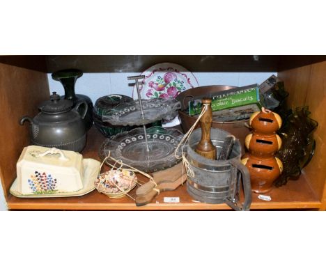 Assorted kitchenalia and other items, to include a pair of butter pats, treacle glazed money bank (a.f.) jam pan and thermome