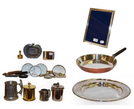 A silver mounted photograph frame, collection of magnifying glasses, a trench art paperweight, and a Royal Ascot desk calenda