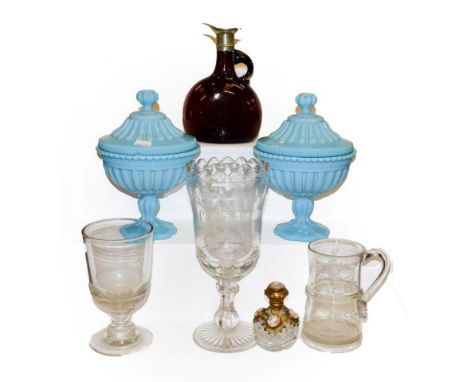 A tray of glassware including a 19th century etched tankard, scent bottle with shell cameo and gilt metal mounts, and a pair 