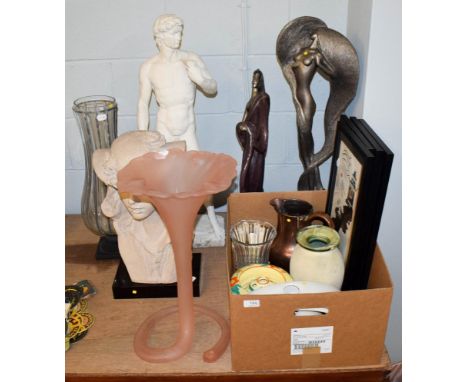 A modern plaster cast figure Michelangelo's David, two composite Art Nouveau style figures with the bases marked Fisher and i