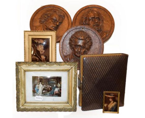 Three Victorian crystoleums, a Victorian part filled photograph album, three carved oak portrait plaques depicting composers,