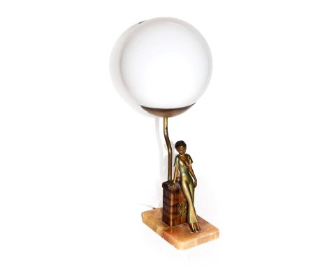 An Art Deco Lorenzl style green onyx figural table lamp